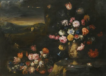 Still Life with Vase of Flowers in a Coastal Landscape Setting